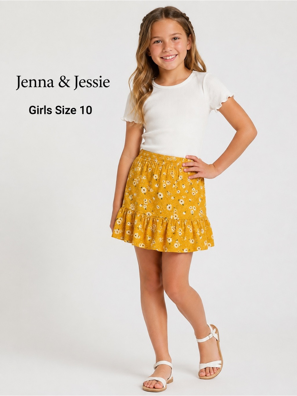 Jenna & Jessie Girls Mustard Yellow Daisy Floral Ruffle Skirt Size 10 girly chic